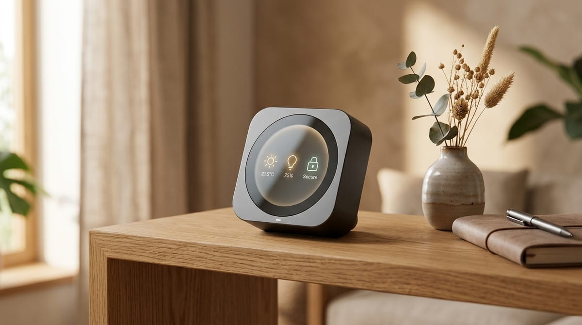 Compact smart home hub with a small display on a wooden shelf
