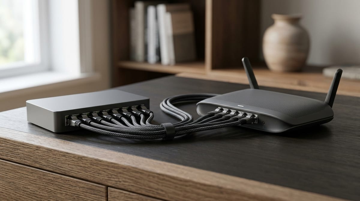 Network switch with neat patch cables beside a mesh router