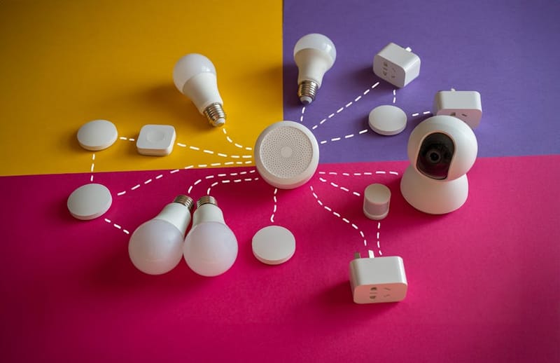 Smart home devices on a desk illustrating mesh-network smart home protocols
