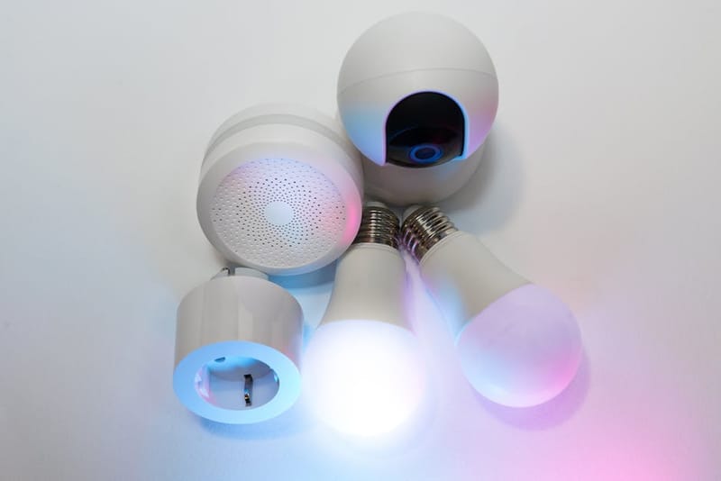 Smart home hub and connected devices including bulbs and a security camera