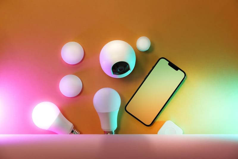 Smart home hubs and Matter-enabled accessories on a desk