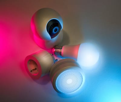 Smart light bulb glowing in a living room ambient setting