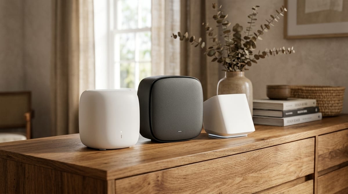 Three different mesh wifi routers grouped on a sideboard